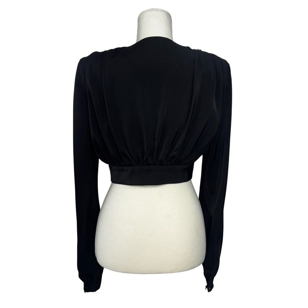 NBD Imogen Top Black Satin Cropped Wrap Deep V Tie Blouson Sleeve Padded S Twee - Picture 4 of 16